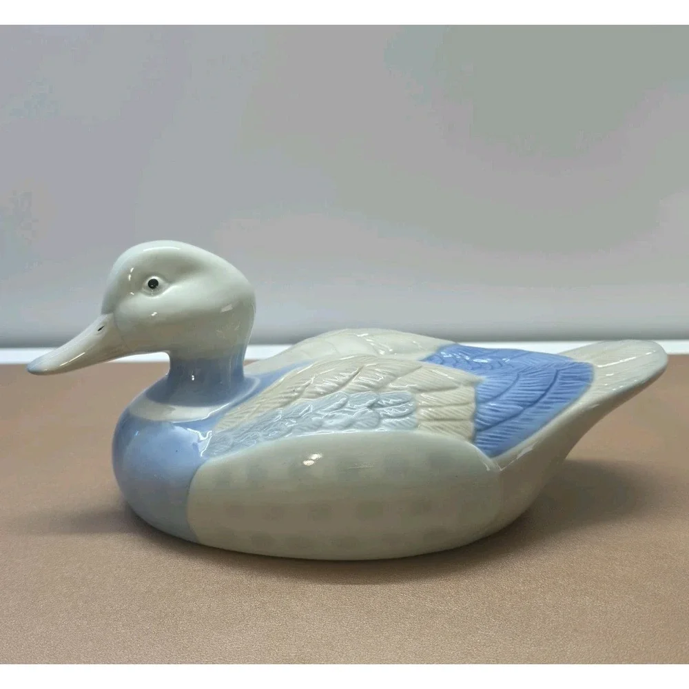 Rare Vintage Glazed Ceramic Blue & White Duck Waterfowl Figurine